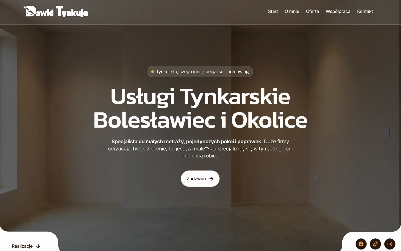 Pierwszy ekran strony Dawid Tynkuje