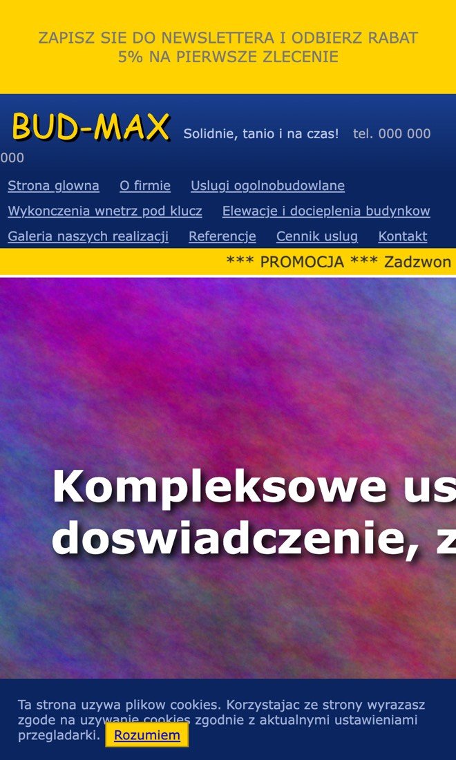 Przykładowa strona firmowa BUD-MAX na ekranie telefonu: cały układ z komputera ściśnięty do szerokości ekranu, tekst za mały, żeby trafić w numer telefonu